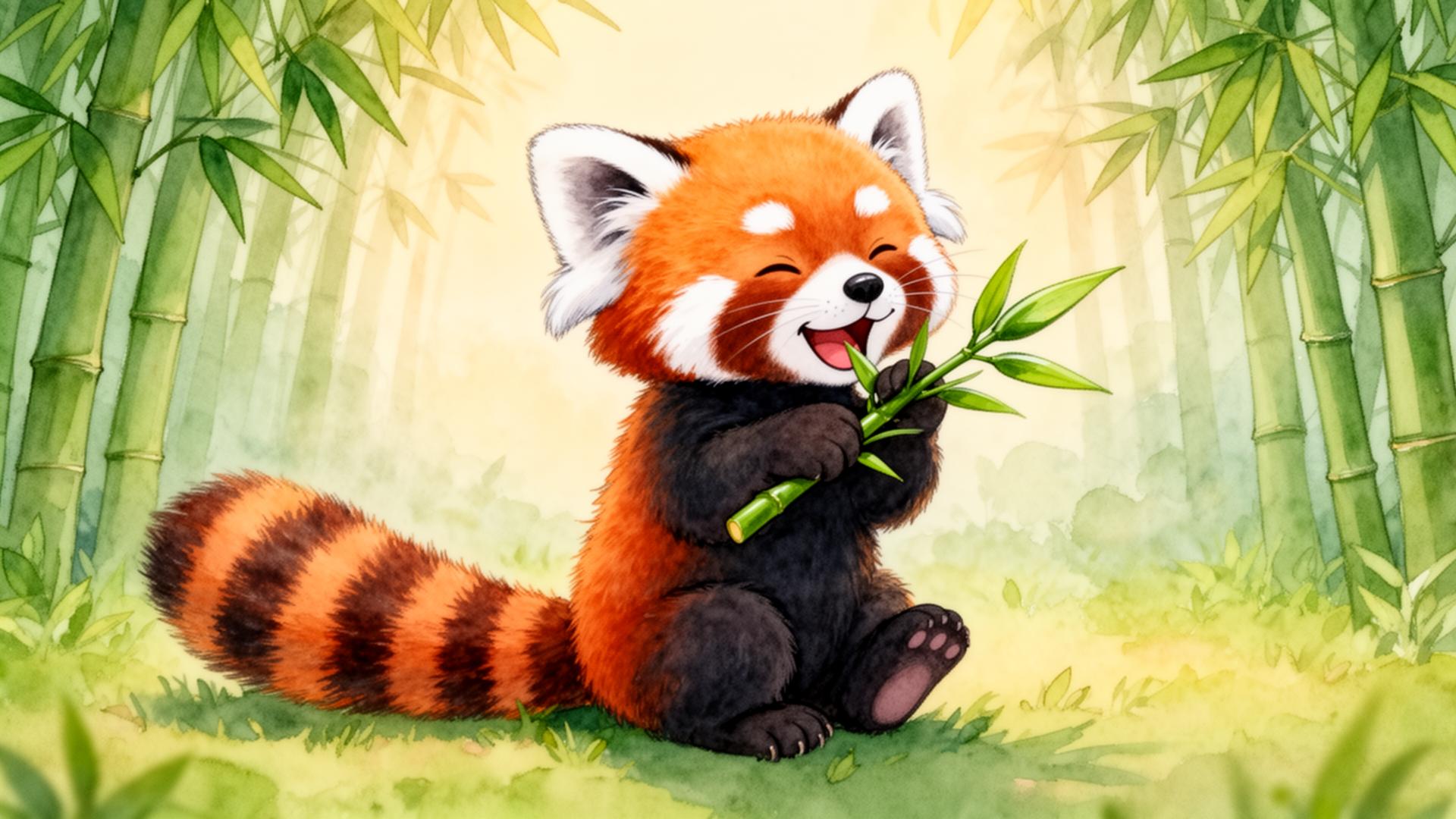 Miko the red panda munching bamboo โ a scene co-created with a child.