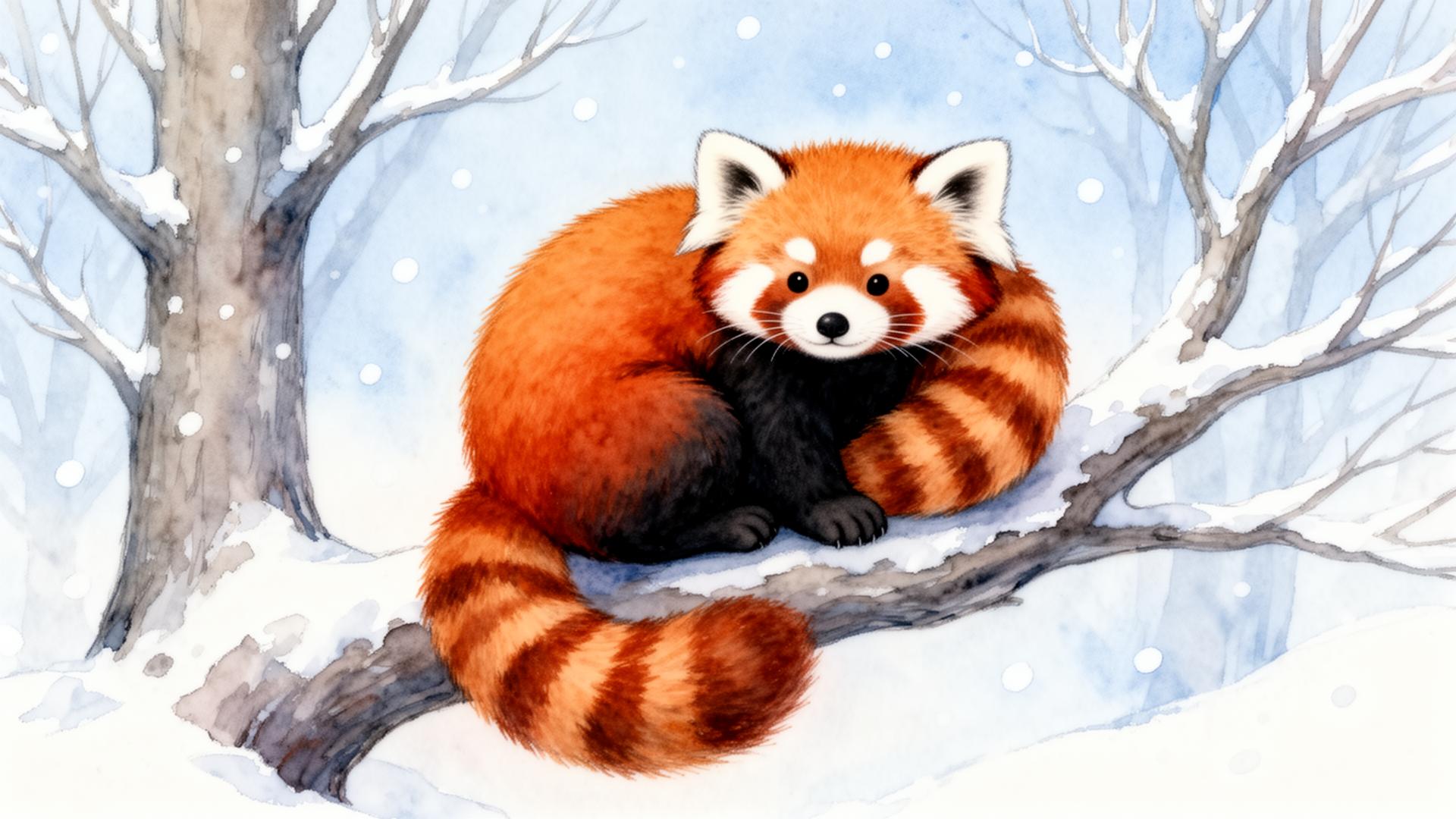 Snowy red panda scene from a made-together story.